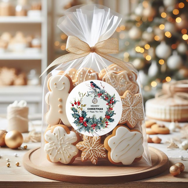 Adesivo Redondo Feliz Natal - Berries Vermelho e Bullfinch (Criador carregado)