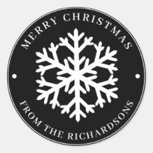 Feliz Natal Black Round White Floco de Neve