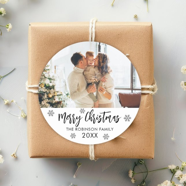 Adesivo Redondo Feliz Natal Black White Snowflake Foto da Família  (Criador carregado)