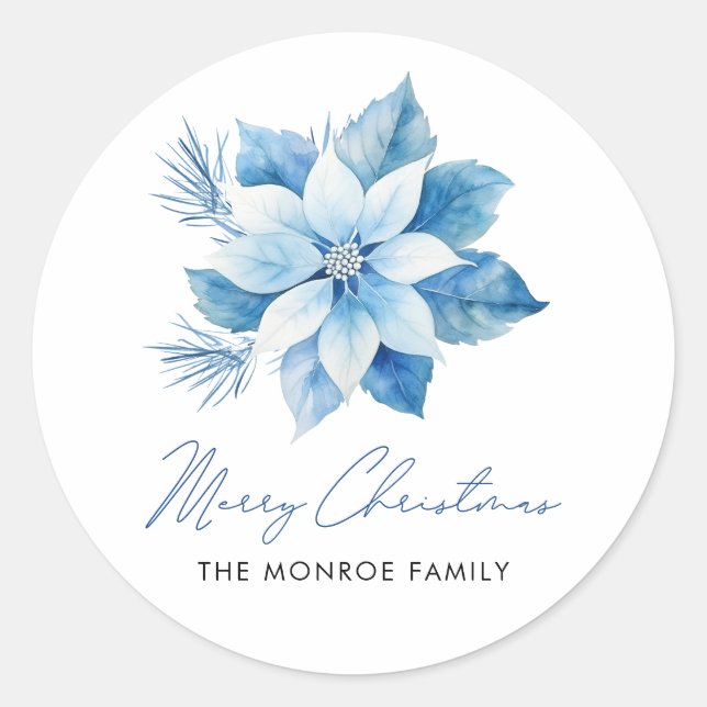 Adesivo Redondo Feliz Natal Blue Poinsettia Sticker (Frente)