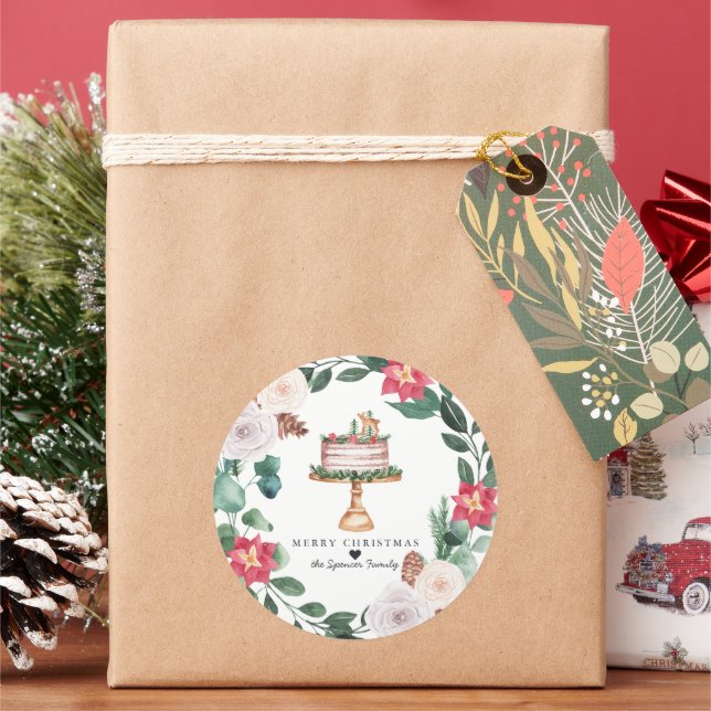 Adesivo Redondo Feliz Natal | Bolo Feriado Floral (Feriado)