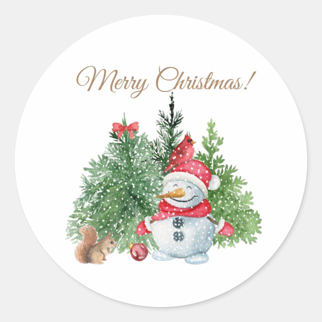 Adesivo Redondo Feliz Natal Bonito Snowman, Esquilo, Cardeal (Frente)