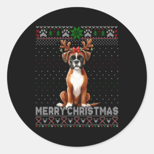 Adesivo Redondo Feliz Natal Boxer Reindeer Dog Soprava Feia Xma