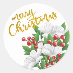 Adesivo Redondo Feliz Natal Branco Vermelho Verde Floral