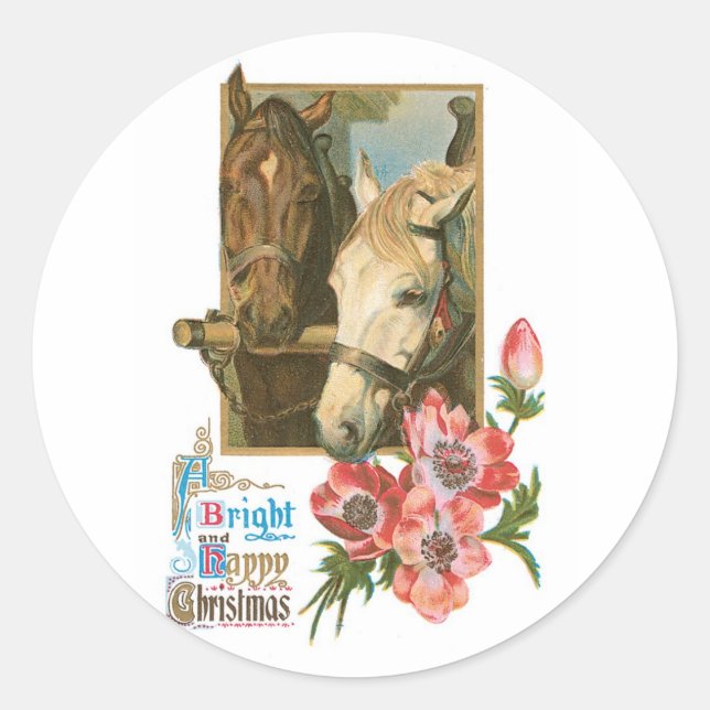 Adesivo Redondo Feliz Natal Brilhante - Cavalos Vintage (Frente)