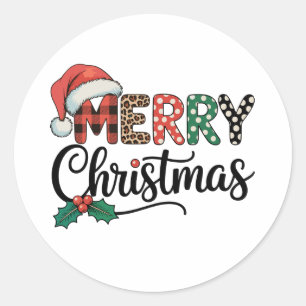 Adesivo Redondo Feliz Natal Buffalo Plaid Chapéu do Papai Noel Amo