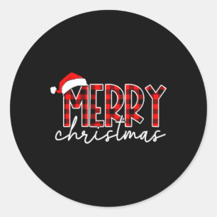 Adesivo Redondo Feliz Natal Buffalo Vermelho Xadrez Santa Hat Xmas