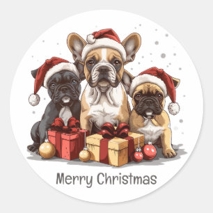 Adesivo Redondo Feliz Natal - Bulldog Francês Santa Hat