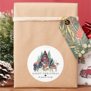 Adesivo Redondo Feliz Natal Cabana Rústica Floresta de Inverno