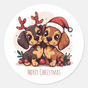 Adesivo Redondo Feliz Natal Cachorros Dachshund