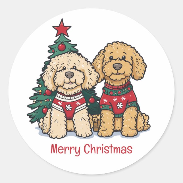Adesivo Redondo Feliz Natal Cachorros de Goldendoodle (Frente)
