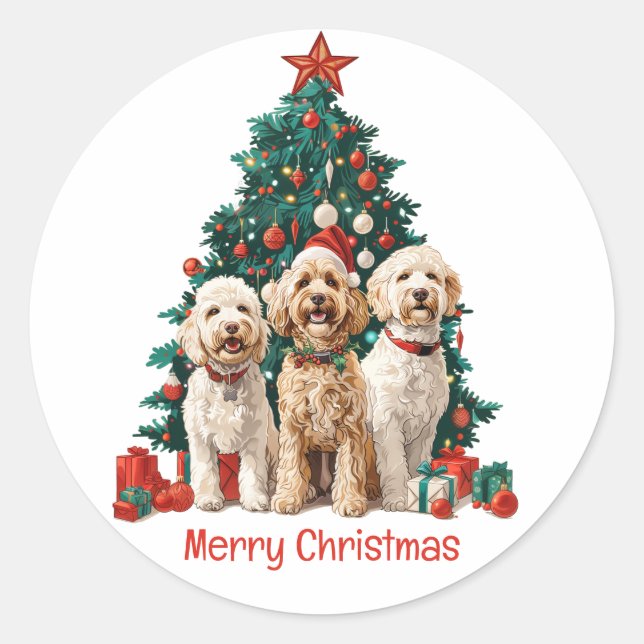Adesivo Redondo Feliz Natal Cachorros de Goldendoodle (Frente)