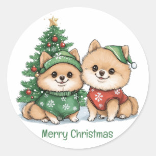 Adesivo Redondo Feliz Natal - Cães Pomeranianos
