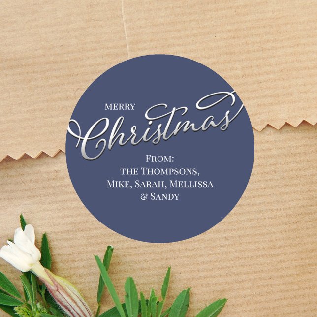 Adesivo Redondo Feliz Natal Caligrafia Marinho de inverno Xadrez a (Simple Merry Christmas holiday silver calligraphy circle sticker. With a solid Navy Blue background )