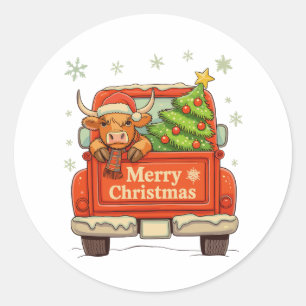 Adesivo Redondo Feliz Natal Caminhão Vaca Highland Árvore Aconcheg