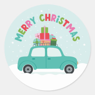 Adesivo Redondo Feliz Natal Carro com Presentes em Azul Água