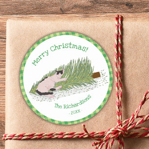 Adesivo Redondo Feliz Natal Cat vs Tree Green Gingham