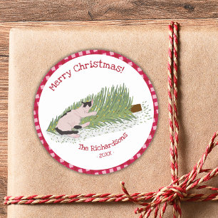 Adesivo Redondo Feliz Natal Cat vs Tree Red Gingham