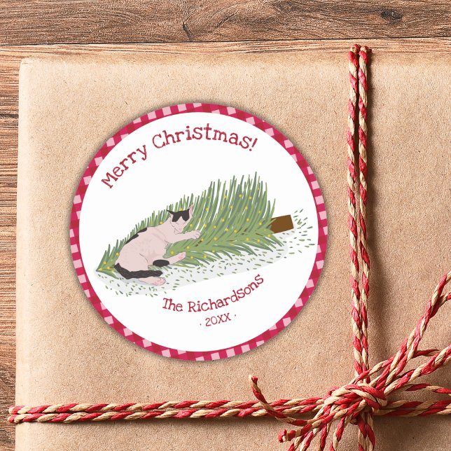 Adesivo Redondo Feliz Natal Cat vs Tree Red Gingham (Criador carregado)