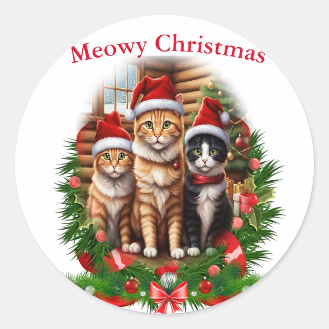 Adesivo Redondo Feliz Natal Cats (Frente)