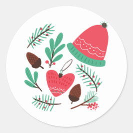 Adesivo Redondo Feliz Natal, Chapéu De Inverno E Pinecones