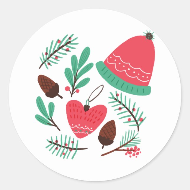 Adesivo Redondo Feliz Natal, Chapéu De Inverno E Pinecones (Frente)