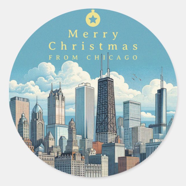 Adesivo Redondo Feliz Natal Chicago Skyline Holiday (Frente)