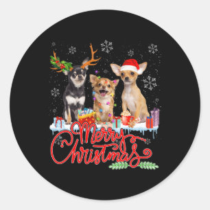 Adesivo Redondo Feliz Natal Chihuahua Dogs Papais noeis Reindeer L