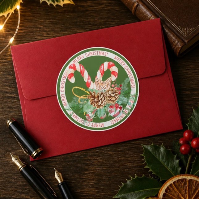 Adesivo Redondo Feliz Natal com Bastão de Doces (Criador carregado)