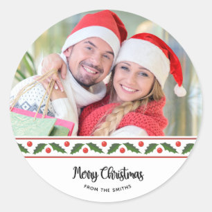 Adesivo Redondo Feliz Natal com Uma Foto Personalizada