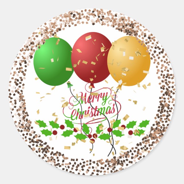 Adesivo Redondo Feliz Natal, confete dourado, Classic Ro (Frente)