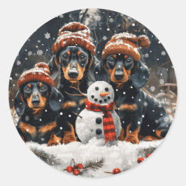 Adesivo Redondo Feliz Natal Dachshund Dogs Snowman