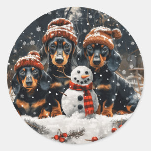 Adesivo Redondo Feliz Natal Dachshund Dogs Snowman