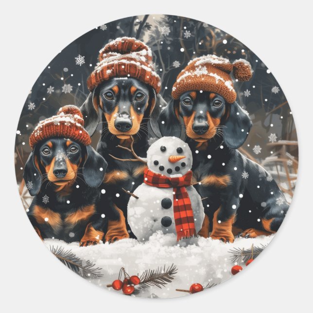 Adesivo Redondo Feliz Natal Dachshund Dogs Snowman (Frente)