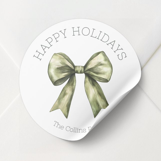 Adesivo Redondo Feliz Natal de Arco Verde de Aquarela (Happy Holidays Green Watercolor Bow Christmas Classic Round Sticker)