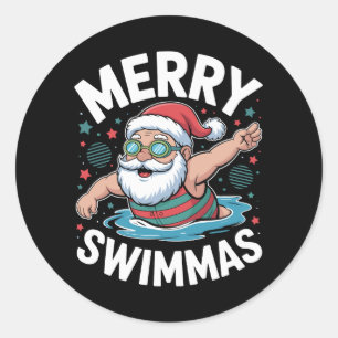 Adesivo Redondo Feliz Natal de Natação Papai Noel Xmas Piscina