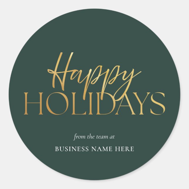 Adesivo Redondo Feliz Natal de negócios Dourados verdes (Frente)
