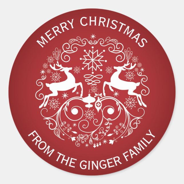 Adesivo Redondo Feliz Natal Deer e Swirls Round Sticker (Frente)