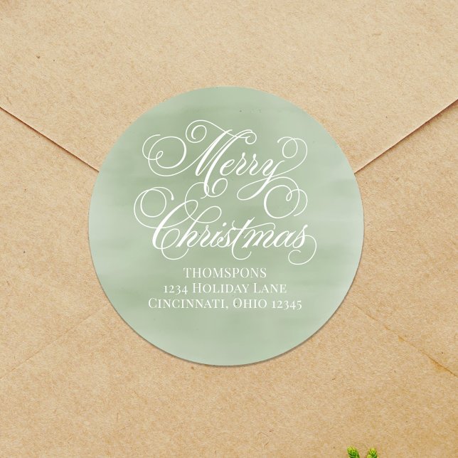 Adesivo Redondo Feliz Natal Devolve Endereço Verde (Merry Christmas calligraphy script return address label.)