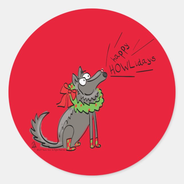 Adesivo Redondo Feliz Natal do Lobo Engraçado Feriados (Frente)