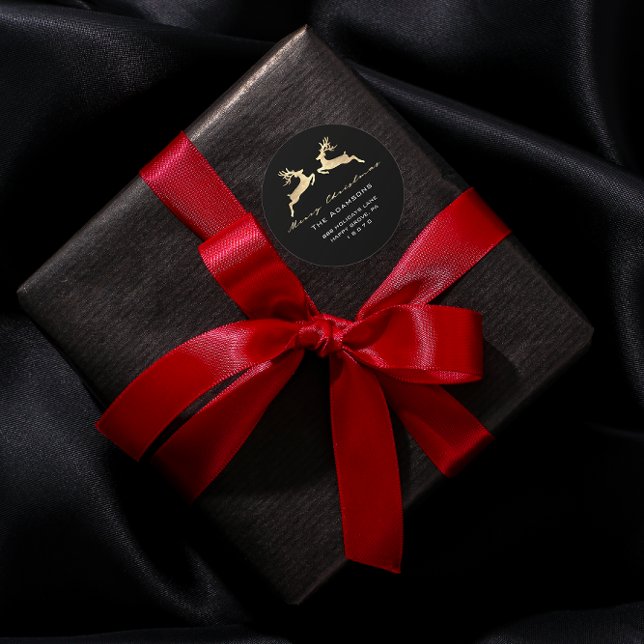 Adesivo Redondo Feliz Natal Do Nome Black Dourado RSVP Reindeer (Merry Christmas From Name Black Gold RSVP Reindeer Classic Round Sticker)