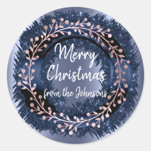Adesivo Redondo Feliz Natal Do Nome Blue Rosa Winter Wreath