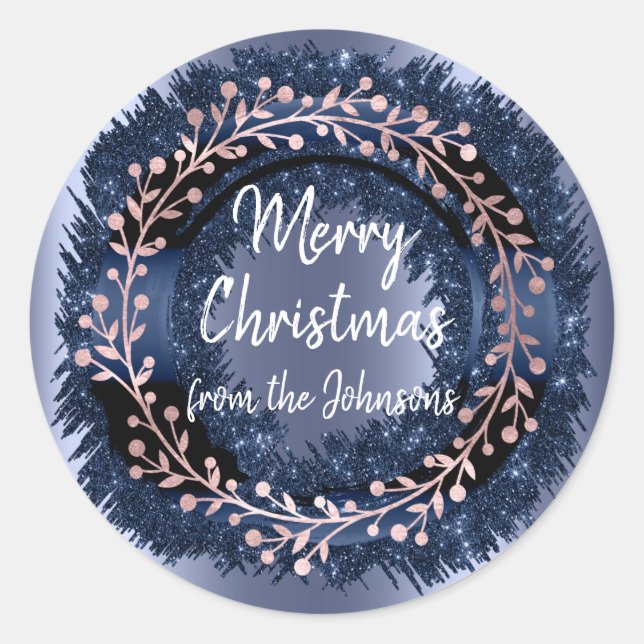 Adesivo Redondo Feliz Natal Do Nome Blue Rosa Winter Wreath (Frente)