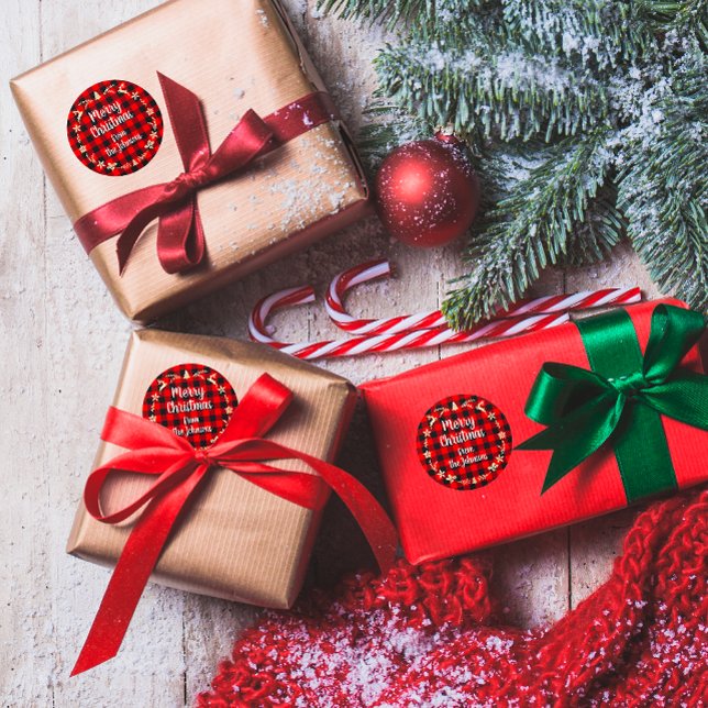Adesivo Redondo Feliz Natal do nome Dourado Buffalo Xadrez REd (Merry Christmas From Name Gold Buffalo Plaid REd Classic Round Sticker )