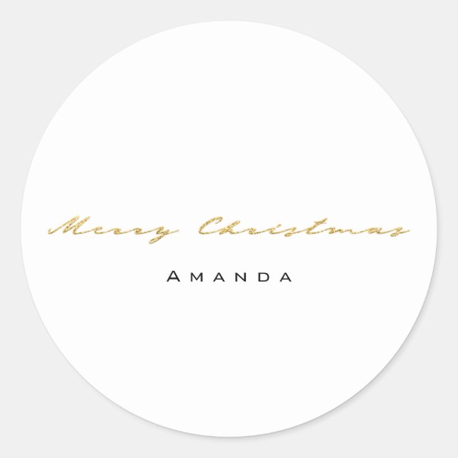 Adesivo Redondo Feliz Natal Do Nome Dourado Minimalismo Branco (Frente)