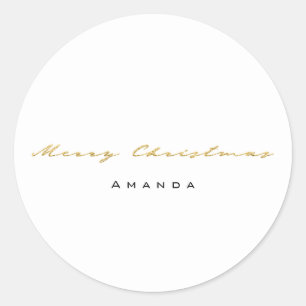 Adesivo Redondo Feliz Natal Do Nome Dourado Minimalismo Branco