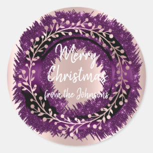 Adesivo Redondo Feliz Natal Do Nome Purple Rosa Wreath