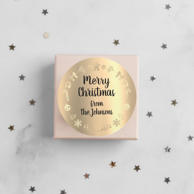 Adesivo Redondo Feliz Natal Do Nome Reindeer Dourado Wreath (Merry Christmas From Name Gold Reindeer Wreath Classic Round Sticker)