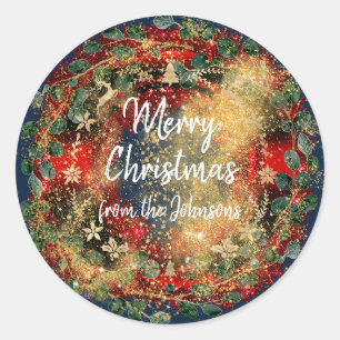 Adesivo Redondo Feliz Natal Do Nome Reindeer NavyGold Wreath