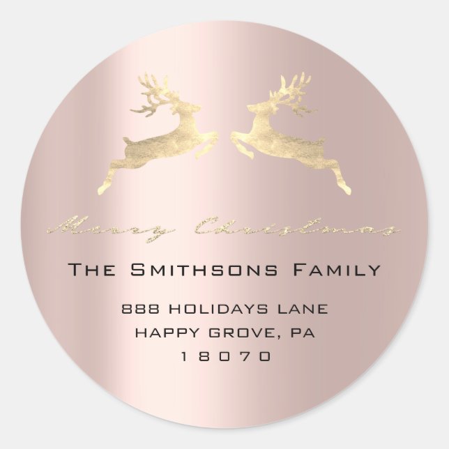 Adesivo Redondo Feliz Natal Do Nome Rosa Dourado RSVP Reindeer (Frente)